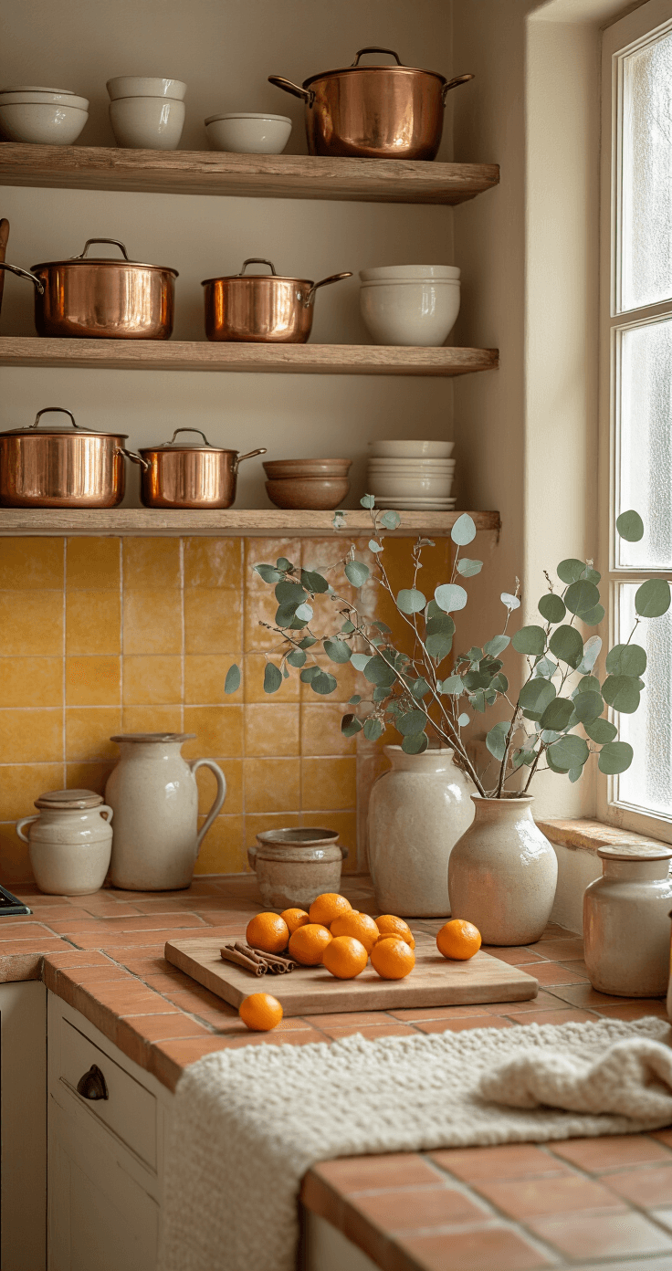 Seizoensgebonden Styling: Winter – Zo Maak Je Van Je Huis Een Warme Toevluchtsoord Intieme winterkeuken met open planken vol koperen kookgerei, gedroogde eucalyptus en vintage keramiek. Warme beige muren en mosterdgele keramische tegels, zacht natuurlijk licht van een matglasraam. Houten snijplank met mandarijnen en kaneelsticks, zachte wollopvulling op verouderde terracotta tegels. Zachte focusfotografie die warmte en textuur benadrukt.