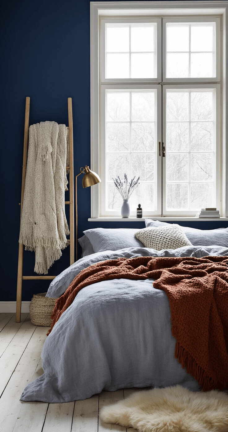 Seizoensgebonden Styling: Winter – Zo Maak Je Van Je Huis Een Warme Toevluchtsoord Scandinavische slaapkamer met navyblauwe muren, zachte grijze linnen beddengoed, rustkleurige dekens, handgebreide woldeken, houten ladder met gedrapeerde dekens, brass leeslamp, grote venster met winterlicht, schapenvacht kleed, lavendel diffuser en sfeervolle belichting.