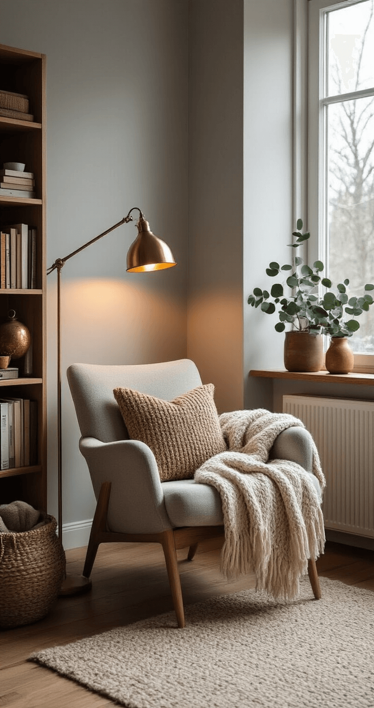 Seizoensgebonden Styling: Winter – Zo Maak Je Van Je Huis Een Warme Toevluchtsoord Minimalist Dutch home workspace with warm wood tones, soft grey walls, a comfortable reading chair, vintage brass desk lamp, potted winter greenery, large window with diffused light, wooden floor, thick wool rug, and a styled bookshelf with winter-themed books and copper accents, captured in soft focus.