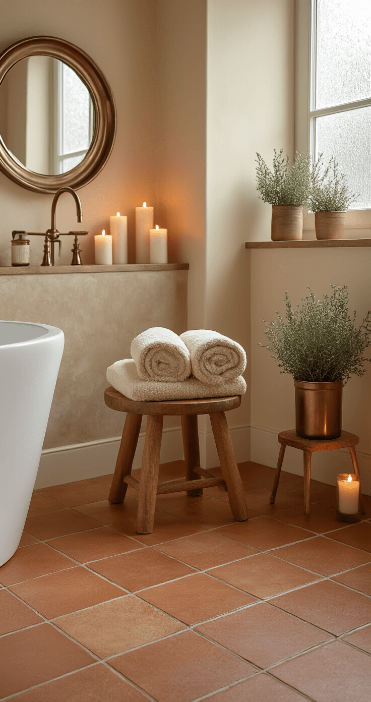 Seizoensgebonden Styling: Winter – Zo Maak Je Van Je Huis Een Warme Toevluchtsoord Luxueuze winter spa-badkamer met warme metallic accenten, zachte texturen en een diepe terracotta tegelvloer, crème muren, houten kruk met opgerolde handdoek, gegroepeerde kaarsen, bronzen spiegel en kleine pot met winterkruiden, sfeervolle verlichting en grote raam met frostglas.