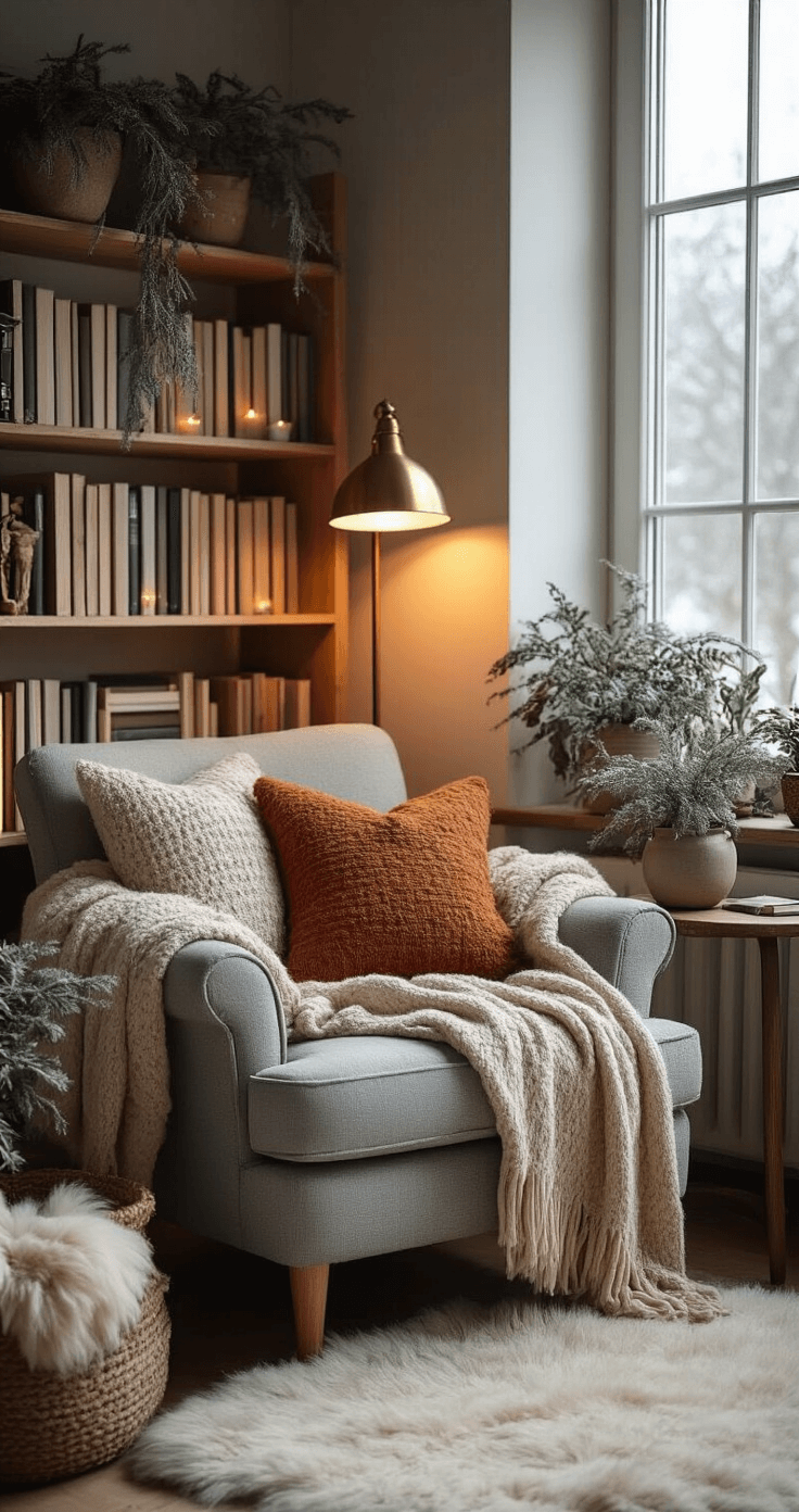 Seizoensgebonden Styling: Winter – Zo Maak Je Van Je Huis Een Warme Toevluchtsoord Een gezellige leeshoek met hygge-geïnspireerde winterstyling; een zachte grijze fauteuil met gelaagde stoffen in beige en roesttinten, een sidetable met een warm LED-lampje, een houten boekenplank met een zorgvuldig samengestelde selectie winterlectuur, een groot raam dat zacht, diffuus licht binnenlaat, in potten winterplanten, dikke gebreide kussens, een vintage messing lepelamp, en een schapenvachtkleed, alles in een subtiele winterstyling die warmte en intimiteit benadrukt.