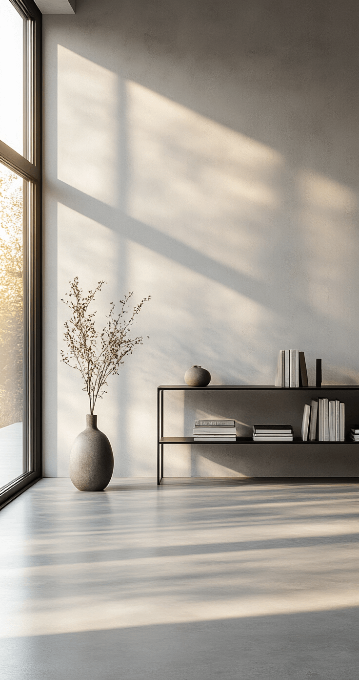 DIY Opbergoplossingen voor Woonkamer: Meer Ruimte zonder Gedoe Een ultra-realistisch ingericht modern woonkamerinterieur met zachte natuurlijke verlichting die door grote ramen tijdens het gouden uur valt, een minimalistisch metalen wandrek tegen een lichtgrijze textuurwand, zorgvuldig gerangschikte designobjecten en boeken, strak zwart metalen schap met asymmetrische plaatsing, heldere witte muren, gepolijste betonvloer, Scandinavische stijl, gefotografeerd vanuit ooghoogte met zachte schaduwen en subtiele scherptediepte, professionele interieurfotografie stijl, 8k resolutie.