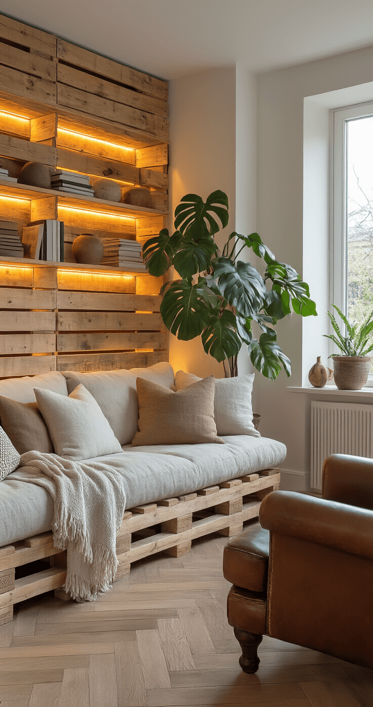 DIY Opbergoplossingen voor Woonkamer: Meer Ruimte zonder Gedoe Cozy Dutch living room corner featuring a matte white wooden pallet wall storage system with LED backlighting, a natural linen sofa adorned with textured throw pillows, a vintage leather armchair, and a potted monstera plant, all set on herringbone wooden flooring with soft morning light filtering through an east-facing window.