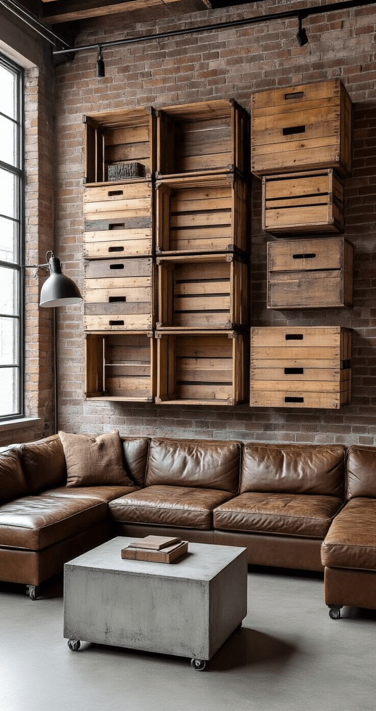 DIY Opbergoplossingen voor Woonkamer: Meer Ruimte zonder Gedoe Industriële chique woonkamer met modulair houten kistwandopslag, rauwe dennenhouten meubelstukken op verschillende hoogtes en hoeken, achterwand van blootgestelde baksteen, vintage leren bank, industriële vloerlamp, betonnen bijzettafel op wielen, gedempte aardetinten van bruin, grijs en zacht wit, diverse textuurlagen, professionele architectonische interieurfotografie, brede scherptediepte, natuurlijk daglicht van grote ramen.