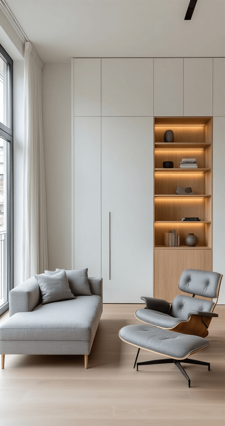 DIY Opbergoplossingen voor Woonkamer: Meer Ruimte zonder Gedoe Minimalist Dutch apartment living room featuring floor-to-ceiling built-in light oak shelving with hidden lighting, a sleek gray sofa, a mid-century modern chair, curated decorative objects, and ample natural light from large windows, all presented in a clean, symmetrical composition.