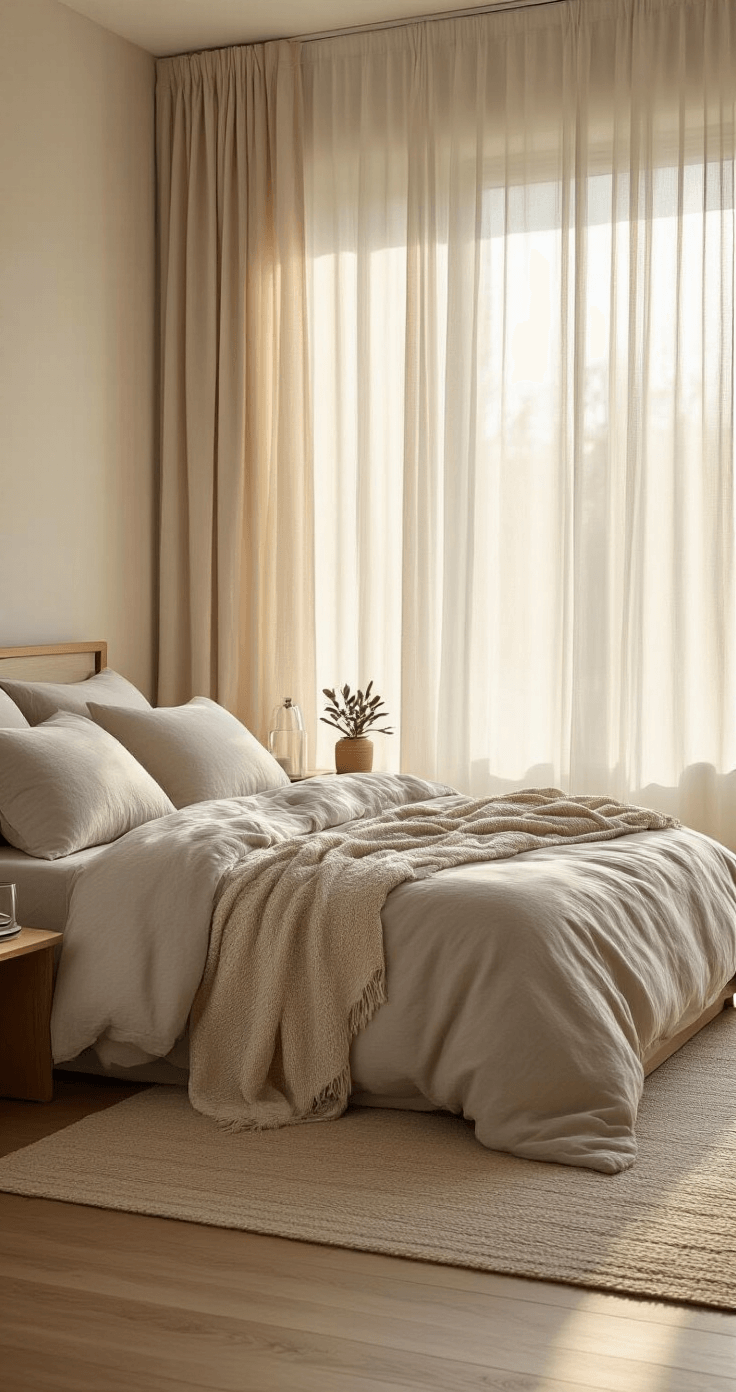 Gastenverblijf Stylen Voor Comfort: Zo Maak Je Van Elke Gast Een Terugkerende Bezoeker Ultra-realistic interior of a Dutch guest bedroom at golden hour, featuring soft diffused light through sheer linen curtains, a medium-firm queen bed adorned with natural cotton linens in beige and gray, plush pillows, a handwoven throw blanket, a minimalist wooden nightstand with a glass water carafe and succulent, hardwood floors with a neutral area rug, all showcasing clean lines and a serene atmosphere.