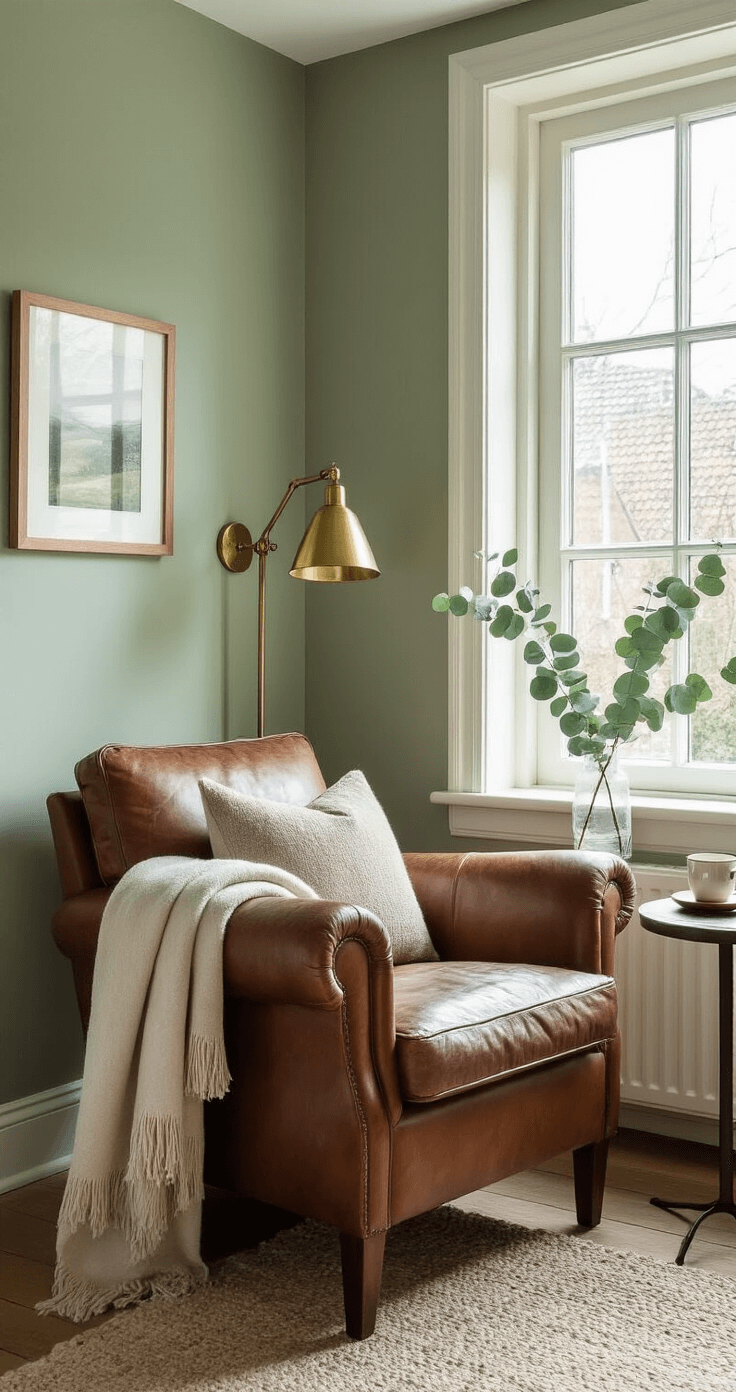 Gastenverblijf Stylen Voor Comfort: Zo Maak Je Van Elke Gast Een Terugkerende Bezoeker A cozy Dutch guest room corner featuring a vintage leather armchair by a large window, a small round side table with a ceramic tea cup, a folded wool throw, and a brass reading lamp. The soft sage green walls complement the wooden floor and textured area rug, adorned with personal travel photography and a fresh eucalyptus branch in a slim glass vase, creating a warm and inviting atmosphere.