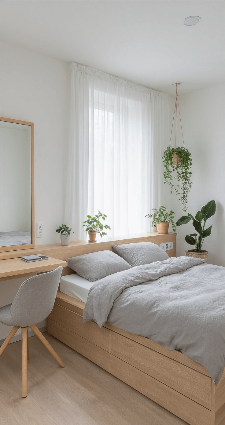 Gastenverblijf Stylen Voor Comfort: Zo Maak Je Van Elke Gast Een Terugkerende Bezoeker Minimalist Dutch guest bedroom featuring Scandinavian design, crisp white walls, light oak furniture, a platform bed with a soft gray linen duvet, USB charging ports in bedside tables, a large mirror, a compact workspace, strategically placed plants, sheer curtains for diffused light, and thoughtfully curated accessories, all in a professional interior photography style.