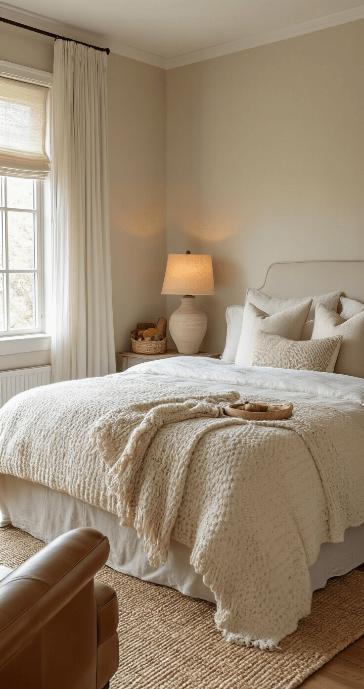 Gastenverblijf Stylen Voor Comfort: Zo Maak Je Van Elke Gast Een Terugkerende Bezoeker Cozy Dutch guest room featuring a king-sized bed with cream and light caramel bedding, a vintage wool blanket, a handcrafted ceramic lamp, and a warm color scheme; includes a large window with sheer curtains, hardwood floors with a natural fiber rug, a leather armchair with a knitted throw, and a personal welcome basket with local treats.