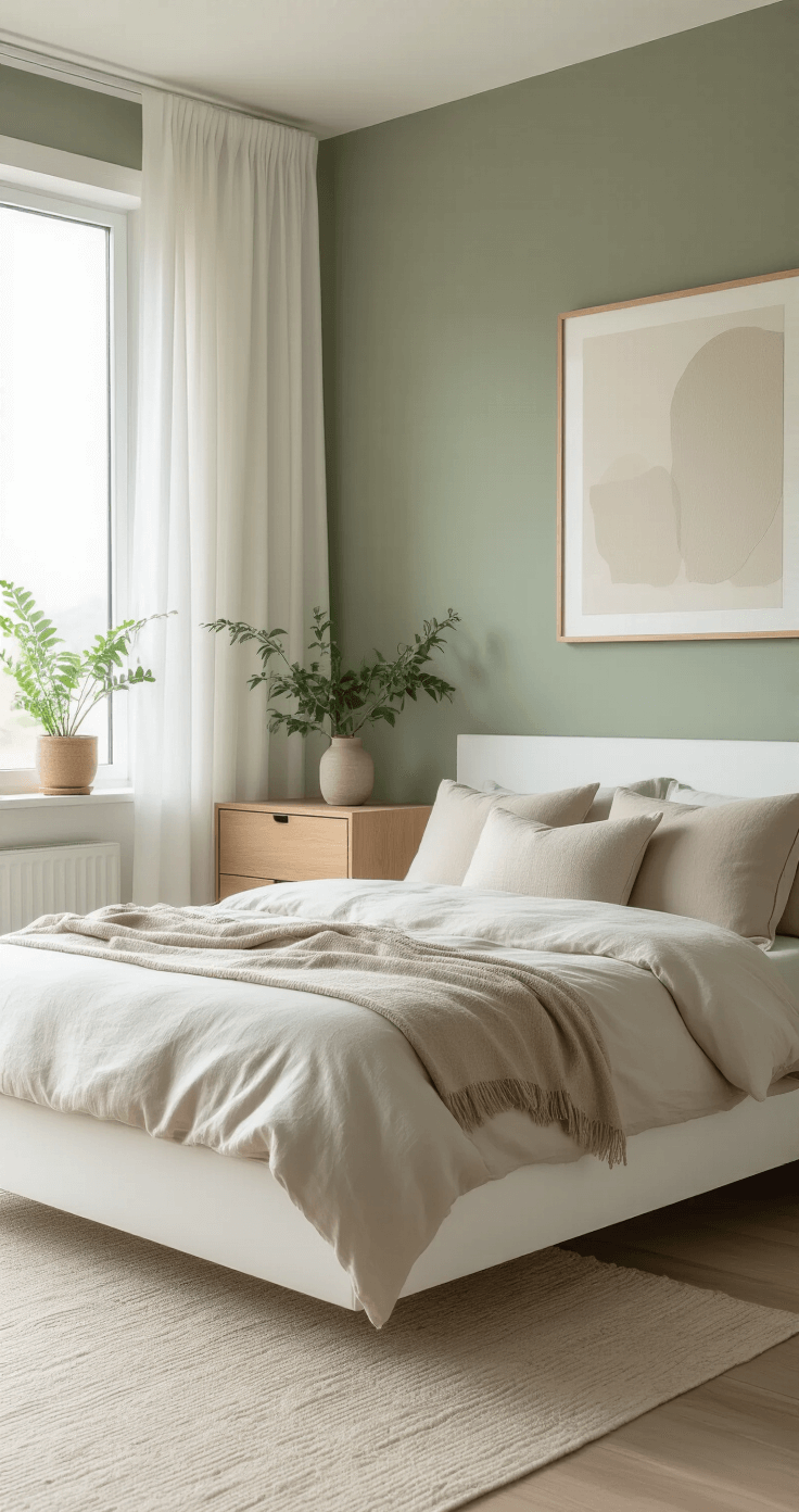 Slaapkamer Kleuren voor Rust en Slaap: Zo Kies Je de Perfecte Tint Een stijlvolle slaapkamerinterieur met saliegroen matte muren, een modern wit platformbed met frisse linnen beddengoed en beige kussens. Een elegante houten ladekast in licht eiken, versierd met abstracte kunst in neutrale tinten. Grote ramen met sheer witte gordijnen voor een zacht diffuus licht en zachte kamerplanten in keramische potten voor organische textuur. Maak vastgelegd vanuit een lage hoek met zachte focus en een warme kleurtemperatuur van ongeveer 2700K.