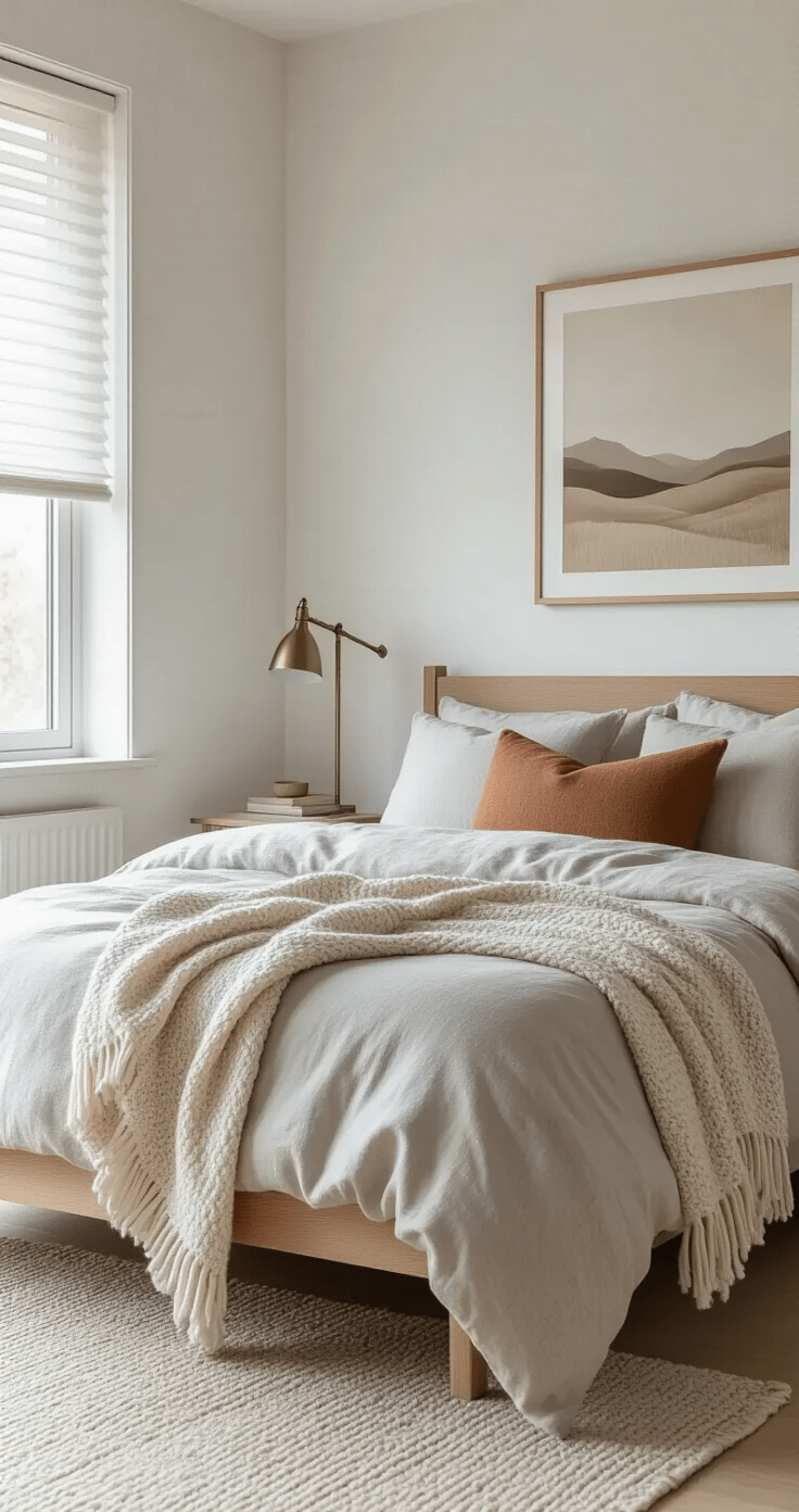 Slaapkamer Kleuren voor Rust en Slaap: Zo Kies Je de Perfecte Tint Scandinavisch geïnspireerde slaapkamer met warme witte muren, pale grijze textuur beddengoed en merinowol dekens in crème en licht taupe, houten bedframe, abstracte kunst in aardetinten, terracotta accentkussens, vintage messing leeslamp, grote ramen met lichtdoorlatende jaloezieën, zachte ochtendlicht met een luchtig gevoel.
