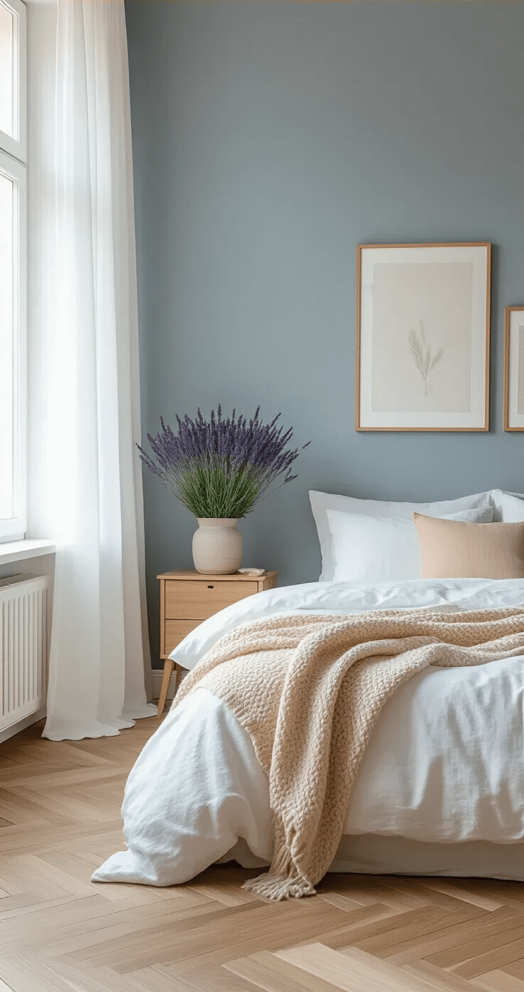 Slaapkamer Kleuren voor Rust en Slaap: Zo Kies Je de Perfecte Tint Stijlvolle slaapkamer met grijsblauwe muren, witte dekbed met perzikkleurige deken, houten parketvloer, licht eiken meubels, lavendelplant en zachte natuurlijke verlichting.