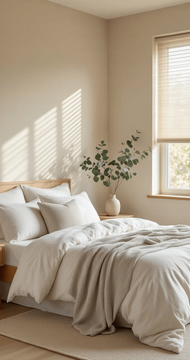 Slaapkamer Kleuren voor Rust en Slaap: Zo Kies Je de Perfecte Tint Rustieke slaapkamer met zachte beige muren, wit beddengoed en een lichtgrijze wollen deken. Natuurlijke houten meubels, grote ramen met lichtdoorlatende jaloezieën en een enkele pot eucalyptusplant. Subtiele messing accenten op het nachtkastje. Lage hoekfotografie in zachte focus die de rustige sfeer van de kamer vastlegt.