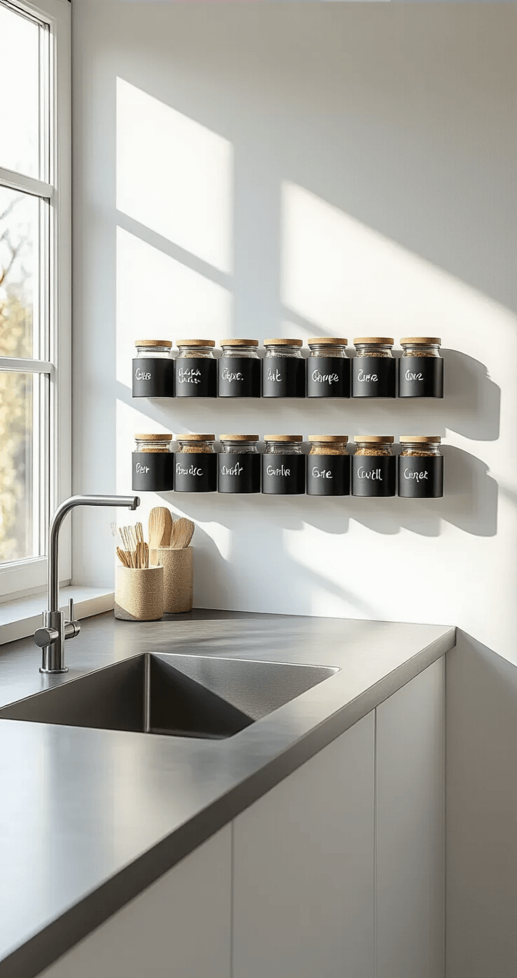 DIY Kruidenrek voor de Keuken: Zelf Maken in een Paar Simpele Stappen A minimalist Dutch kitchen featuring a white wall with a magnetized spice wall, neatly arranged matte black magnetic spice containers with chalk-written labels, a sleek stainless steel countertop, and soft gray concrete flooring, all illuminated by soft natural morning light filtering through a window.