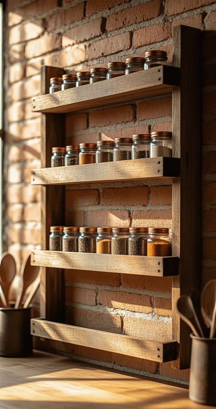 DIY Kruidenrek voor de Keuken: Zelf Maken in een Paar Simpele Stappen Rustieke houten specerijrek gemonteerd op een blootgestelde bakstenen muur, warme terracotta tinten, meerdere gerecyclede houten planken met verschillende dieptes, vintage glazen specerijpotten met koperen deksels, ochtendzon die zachte schaduwen werpt, gietijzeren keukengereedschappen op de achtergrond, breedbeeldopname van de gehele muur, warme kleurtint, gedetailleerde houtnerftexturen, professionele voedselstylingfotografie esthetiek.