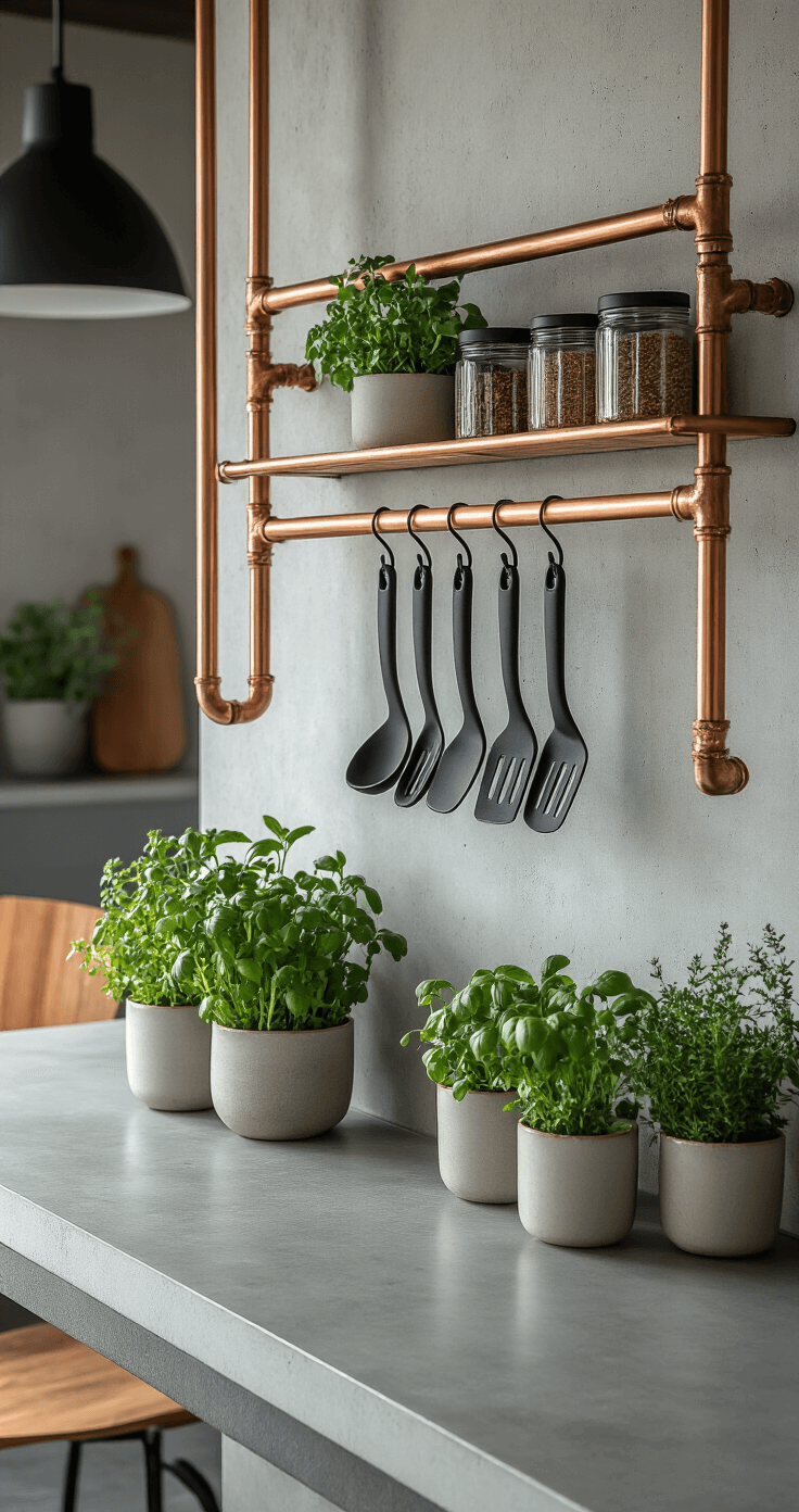 DIY Kruidenrek voor de Keuken: Zelf Maken in een Paar Simpele Stappen Industrieel moderne keuken met een koperen pijp specerijenrek, beton aanrecht, matte zwarte keukengerei, verse kruiden in kleine keramische potten, minimalistische styling, precieze geometrische lijnen, zachte industriële verlichting, deels zichtbare mid-century moderne stoelen, zijaanzicht dat de horizontale koperen pijpstructuur benadrukt, contrastrijke verlichting, professionele architecturale interieurfotografiestijl.