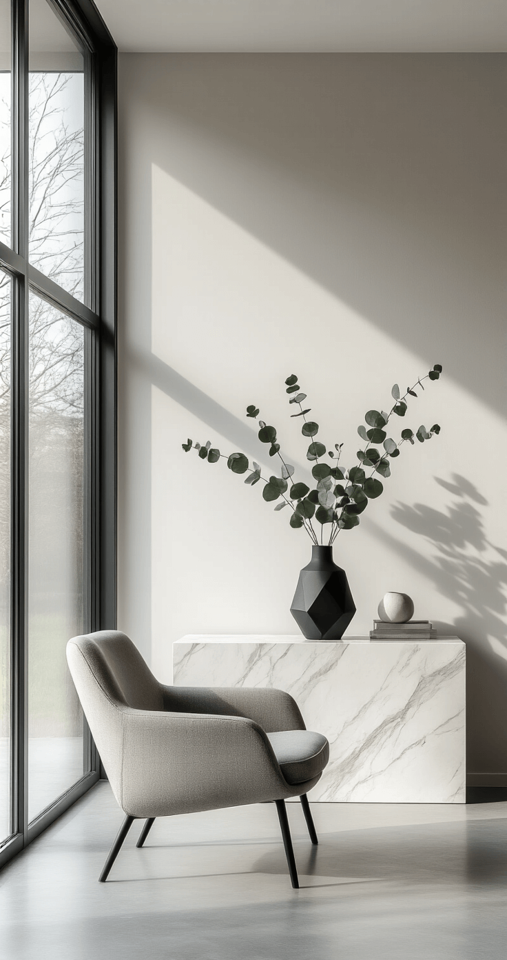 Bloemen Drogen voor Decoratie: 5 Methoden Die Echt Werken Minimalist modern Dutch living room with floor-to-ceiling windows, featuring a white marble console table with dried eucalyptus in a black geometric vase, concrete floor, gray mid-century chair, sparse decor, and a cool neutral color scheme accentuated by dramatic side lighting.