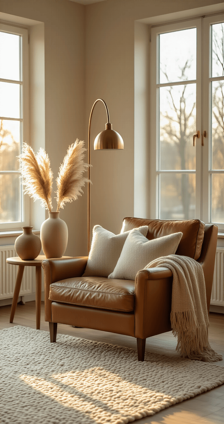 Interieuraccessoires Die Een Ruimte Transformeren: Mijn Eerlijke Gids Warme, intieme woonkamer met Scandinavisch minimalistisch design, vintage leren fauteuil, en natuurlijke lichtstralen door grote ramen. Aardetinten, zachte texturen met linnen kussens en een gebreide deken, en een boogvloerlamp creëren een dromerige sfeer.