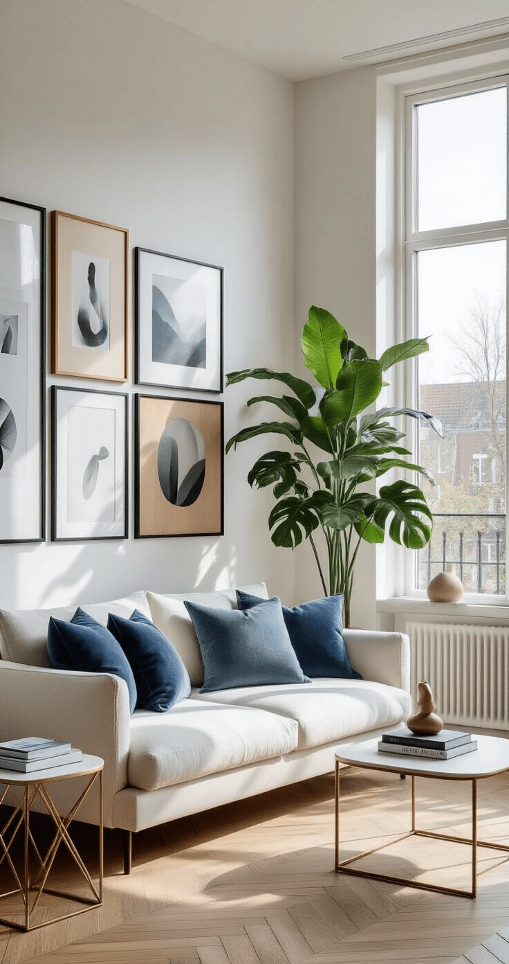 Interieuraccessoires Die Een Ruimte Transformeren: Mijn Eerlijke Gids Modern Dutch apartment interior featuring large floor-to-ceiling windows that let in bright afternoon sunlight, illuminating a minimalist gallery wall with mixed black and wooden frames displaying personal photographs and abstract art. A large monstera plant in a white ceramic pot adds a natural green accent. The Scandinavian-style white sofa is adorned with layered flax linen and velvet cushions in shades of blue and grey. A brass geometric side table holds a stack of design books and a small sculptural object, all set against herringbone wooden floors in a neutral color palette with strategic pops of color.
