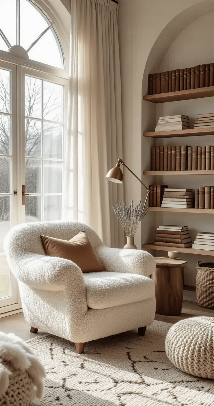 Interieuraccessoires Die Een Ruimte Transformeren: Mijn Eerlijke Gids A cozy reading nook in a contemporary Dutch home featuring a warm cream boucle armchair near a large arched window with sheer linen curtains, vintage leather-bound books on floating walnut shelves, a brass reading lamp, a muted geometric Berber wool rug, a knitted throw blanket, and a small ceramic vase with dried lavender, all bathed in soft winter afternoon light.