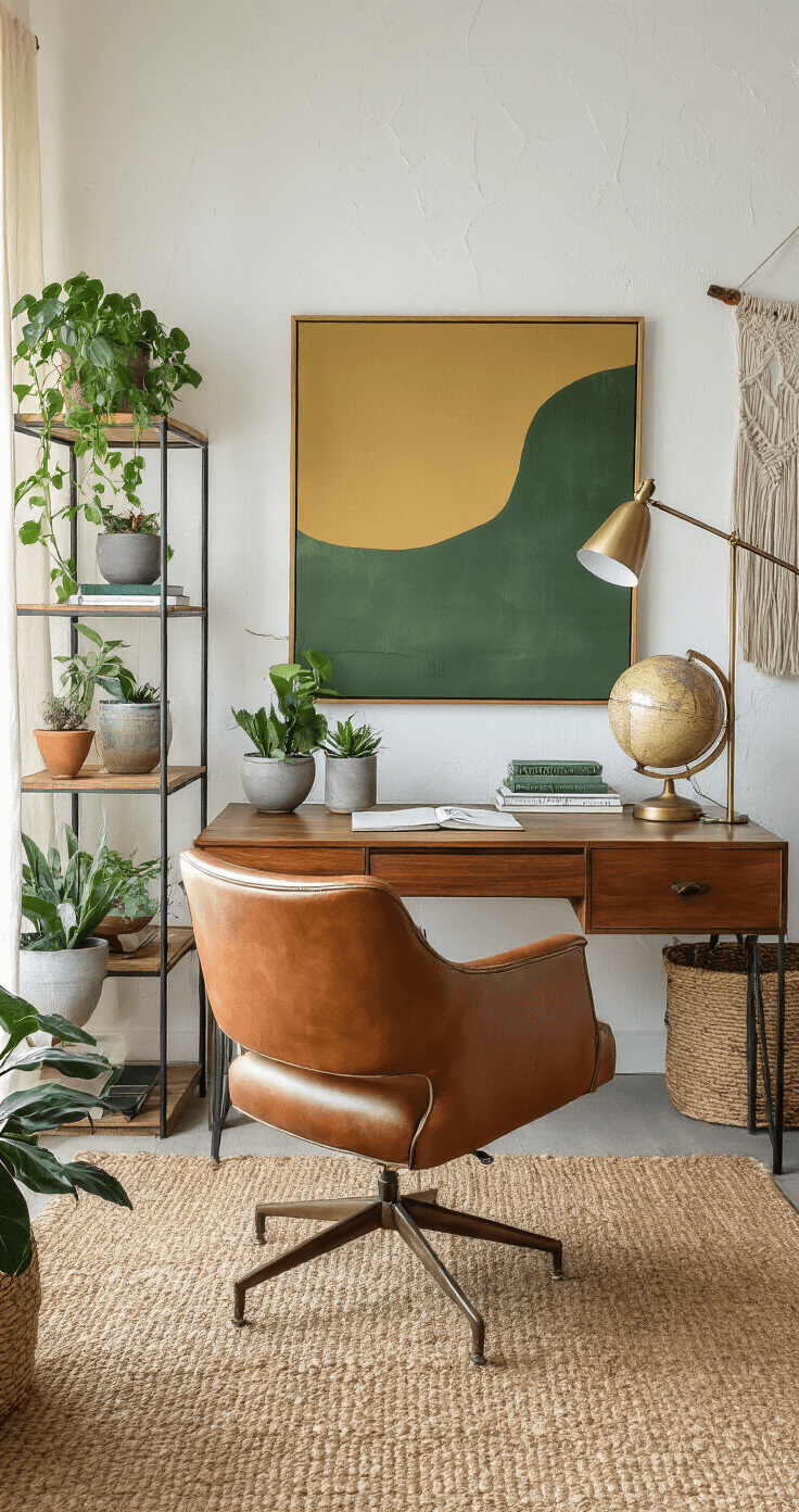 Interieuraccessoires Die Een Ruimte Transformeren: Mijn Eerlijke Gids Eclectisch thuiskantoor met botanische invloeden, verlicht door natuurlijk licht in de vroege ochtend. Industrieel metalen rek met gemengde groene planten in keramische en betonnen potten, vintage globes en designboeken. Mid-century modern bureau van walnotenhout met messing accenten, leren stoel met cognackleurige bekleding. Groot abstract kunstwerk in groen en oker op een witte textuurmuur. Laagjes van textiel inclusief jute vloerkleed, linnen gordijnen en macramé wanddecoratie. Meerdere lichtbronnen, waaronder een taaklamp en een vloerlamp. Gestyled met zorgvuldig gekozen objecten die persoonlijke reisherinneringen tonen. Brede opname die diepte en stylingdetails vastlegt.
