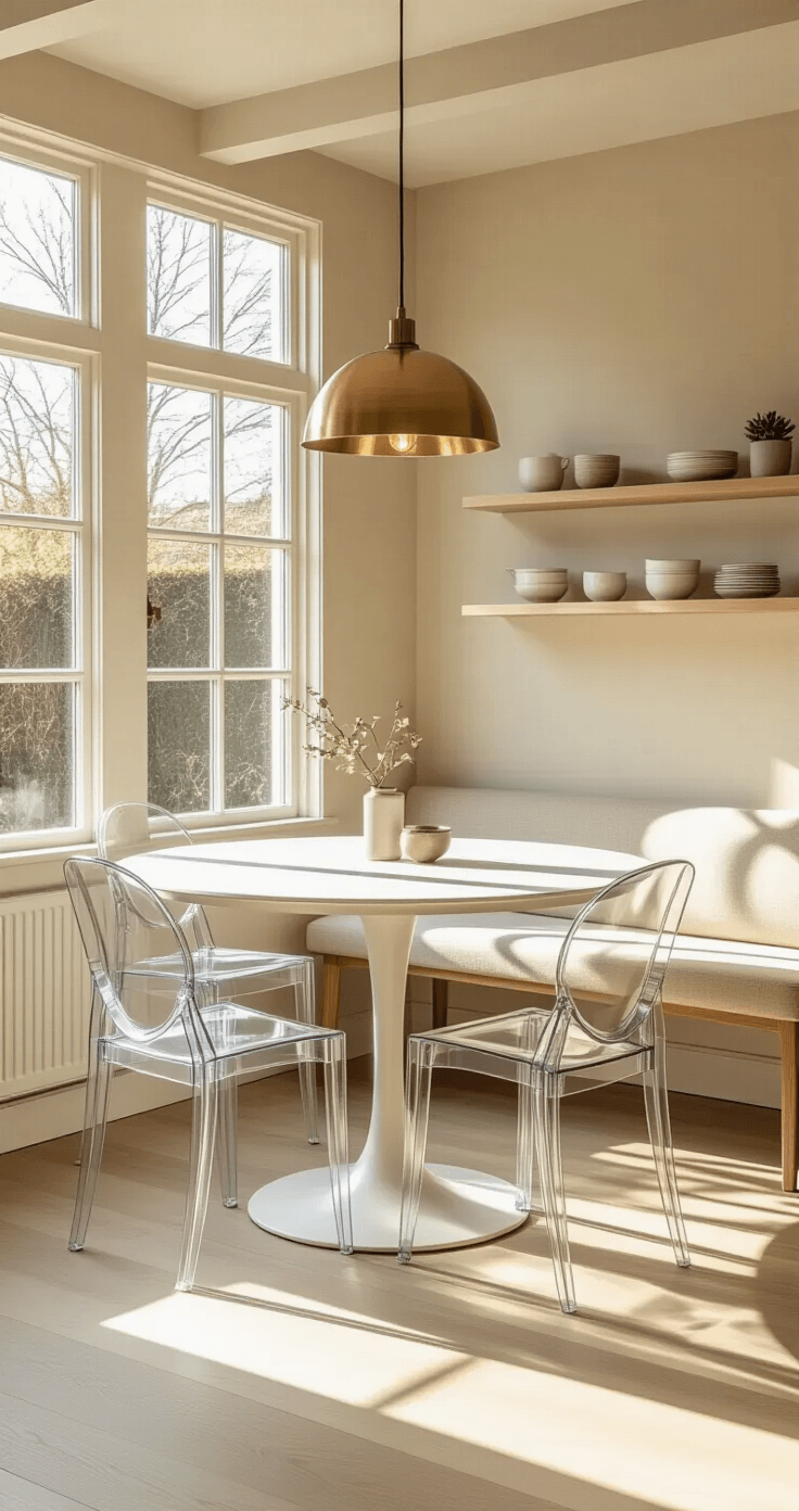 Kleine Eetkamer Optimaal Benutten: 7 Slimme Trucs Voor Meer Ruimte Wide-angle photograph of a compact Dutch dining room with a sleek white round extendable table surrounded by transparent acrylic chairs, illuminated by morning light through large windows, featuring cream-colored walls, white wooden flooring, exposed beams, a curved upholstered bench, and a contemporary brass pendant light.