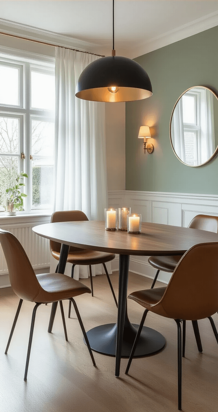 Kleine Eetkamer Optimaal Benutten: 7 Slimme Trucs Voor Meer Ruimte Cozy Dutch eetkamer corner featuring an oval walnut dining table with hairpin legs, surrounded by cognac leather mid-century chairs, soft sage green walls with white wainscoting, and layered lighting during blue hour, enhanced by a large circular mirror and a jute rug.