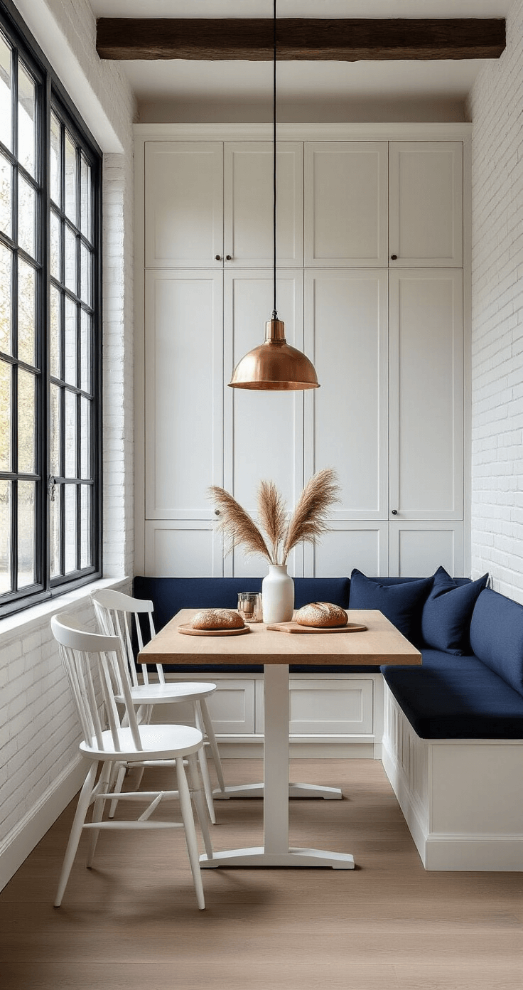 Kleine Eetkamer Optimaal Benutten: 7 Slimme Trucs Voor Meer Ruimte Photorealistic interior of a small Dutch dining area featuring white brick walls, dark wooden beams, a light oak dining table with corner bench and Windsor chairs, built-in cabinetry, tall windows, and copper pendant lights, showcasing effective vertical space utilization.