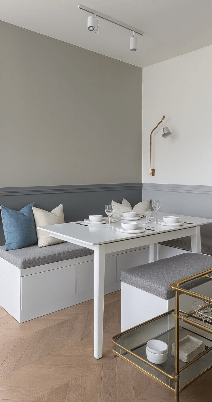 Kleine Eetkamer Optimaal Benutten: 7 Slimme Trucs Voor Meer Ruimte Contemporary Dutch dining room featuring an extendable white lacquer dining table with storage drawers, set for four with white ceramic dinnerware, warm gray storage bench with pillows, two-tone wall paint, modern track lighting, brass and glass bar cart, and polished concrete floor reflecting natural light from large windows with linen curtains.