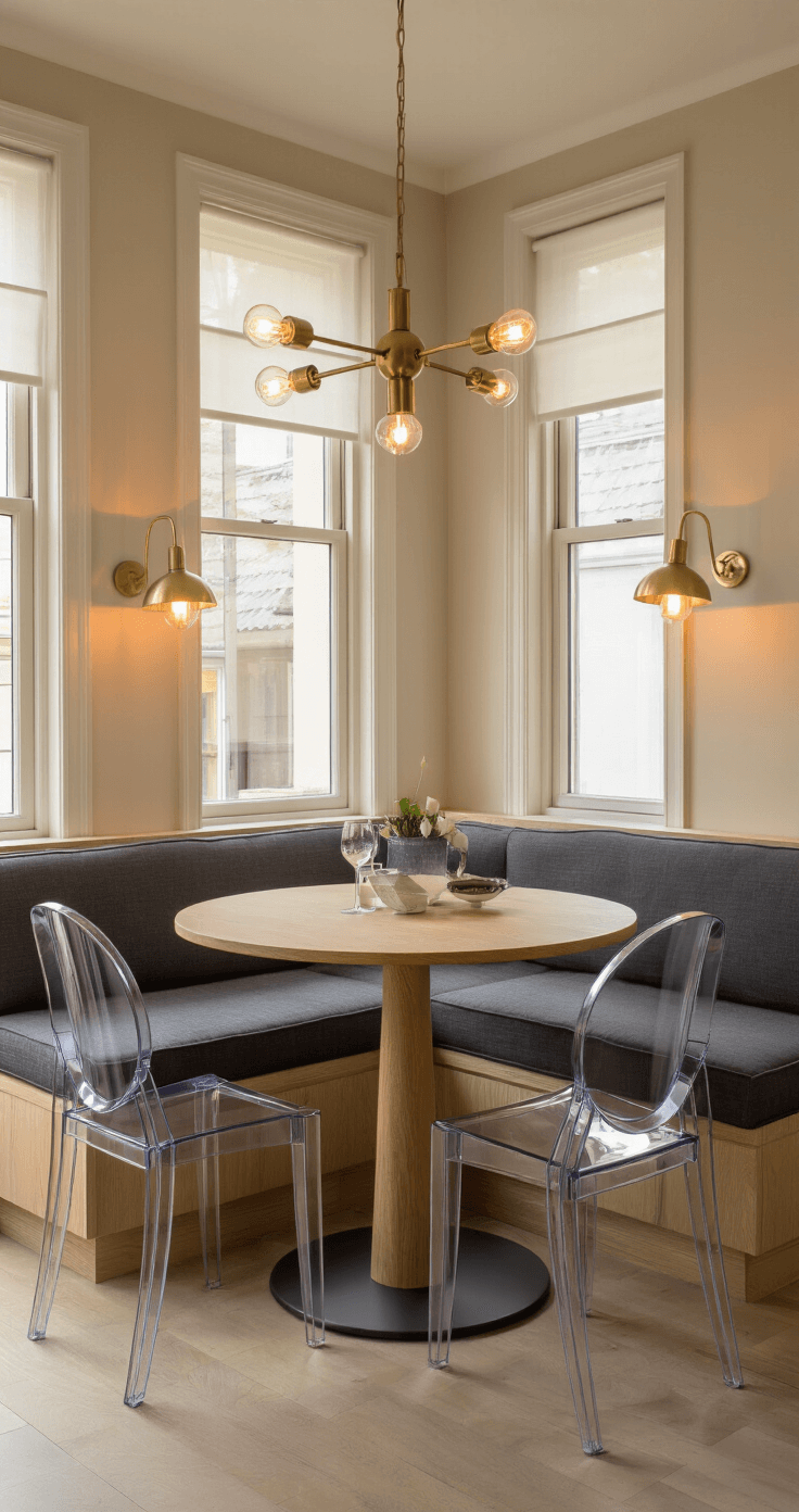 Kleine Eetkamer Optimaal Benutten: 7 Slimme Trucs Voor Meer Ruimte Intimate Dutch dining nook in warm evening light featuring a round natural oak pedestal table, charcoal linen banquette, and clear polycarbonate ghost chairs, with floor-to-ceiling windows dressed in sheer white panels, soft putty beige walls, and a brass chandelier, styled with a white ceramic bowl of pears and a small herb garden.