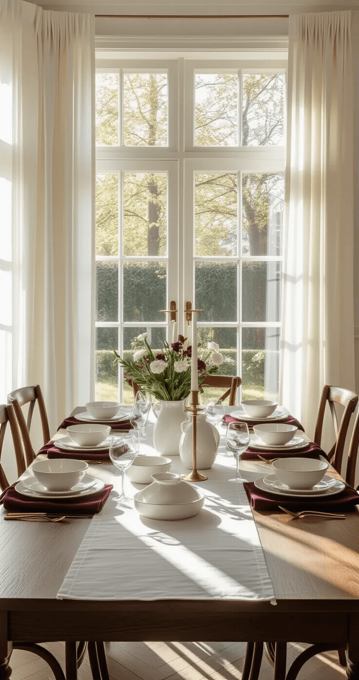 Zelf Feestelijke Tafeldecoratie Maken: Creatieve DIY Ideeën voor de Feestdagen Photorealistic wide-angle shot of an elegant Dutch dining room with a harmonious 4-color scheme tablescape, featuring a dark oak dining table set for eight, adorned with white linen, gold-rimmed plates, and burgundy napkins, illuminated by warm golden hour sunlight streaming through sheer curtains.