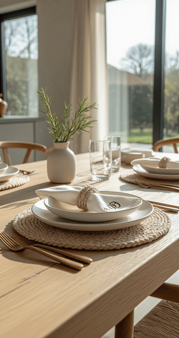 Zelf Feestelijke Tafeldecoratie Maken: Creatieve DIY Ideeën voor de Feestdagen Photorealistic close-up of a handcrafted table setting in a contemporary Dutch home, featuring a hand-embroidered cream napkin with burgundy monogram, macrame napkin ring, matte white stoneware plate, vintage brass utensils, and a sprig of rosemary tied with jute twine, all illuminated by bright morning light.