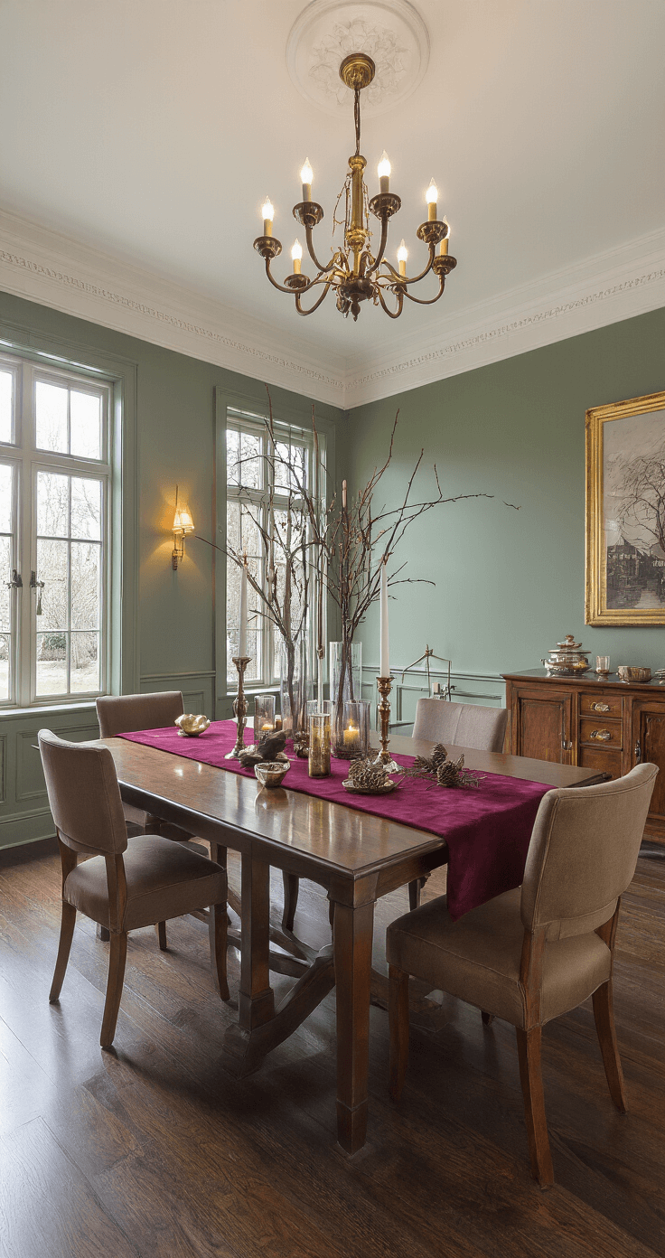 Zelf Feestelijke Tafeldecoratie Maken: Creatieve DIY Ideeën voor de Feestdagen Photorealistic interior shot of a spacious Dutch holiday dining room featuring a mahogany dining table set for an evening gathering, showcasing a three-tier height arrangement of decor elements, warm ambient lighting, and high-backed upholstered chairs against a sage green accent wall.