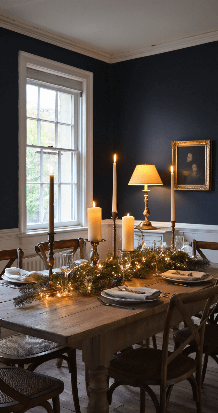 Zelf Feestelijke Tafeldecoratie Maken: Creatieve DIY Ideeën voor de Feestdagen Photorealistic candlelit Dutch dining room with dark navy walls, featuring a wooden table adorned with varying height pillar candles, a copper wire LED garland, and a vintage brass lamp, all creating an intimate, warm atmosphere for an evening gathering.