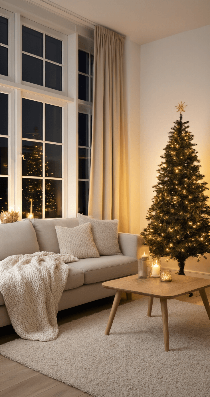 Gezellige hoekwoonkamer met smalle groene kunstkerstboom, warme LED-verlichting, beige bank met wollen deken, houten salontafel met kaarsen en uitzicht op avondschemering door een groot raam.