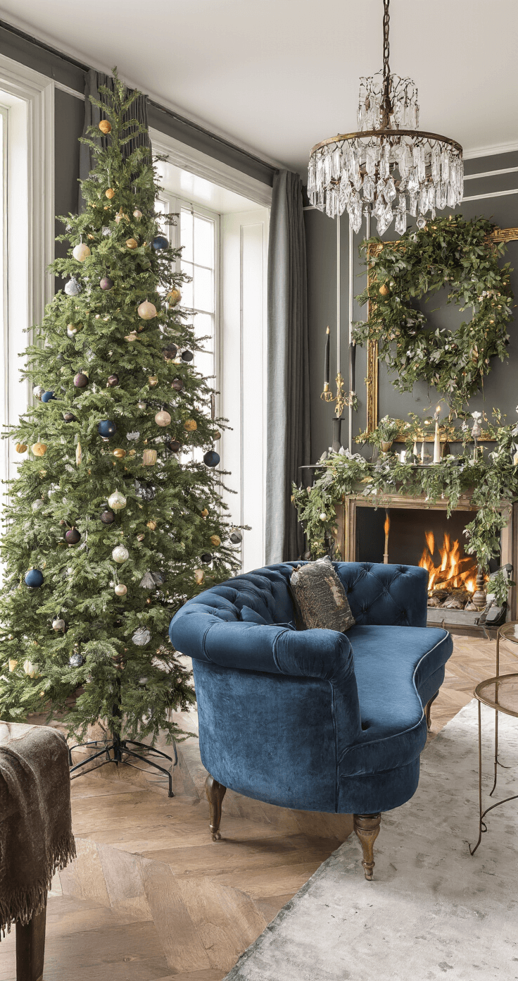 Elegante woonkamer met Sherwood Spruce kunstboom, warmwitte lichtjes en paarse, zilveren ornamenten. Fluwelen marineblauwe bank en messing bijzettafels op marmeren vloer, sfeervol verlicht door een kristallen kroonluchter en haardvuur.