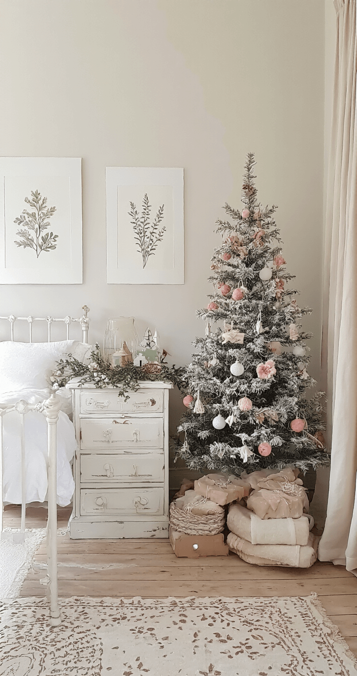 Romantische slaapkamerhoek met een kleine kunstkerstboom op een vintage ladekast, versierd met roze en witte decoraties, en een wit metalen bed met zachte linens. Natuurlijk ochtendlicht filtert door de gordijnen op een houten vloer met een vintage kleed, wat een intieme kerstsfeer creëert.