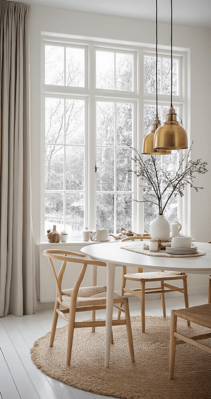 Scandinavische eetkamer met een slanke Nordmann spar naast grote ramen, voorzien van houten ornamenten en goudkleurige lichten. Een witte eettafel met naturel houten stoelen en een jute tafelloper, terwijl er sneeuw zichtbaar is buiten bij helder winterlicht. Neutrale tinten van wit en hout creëren een hygge-atmosfeer, vastgelegd vanuit een lage hoek met minimalistische kerstdecoratie.