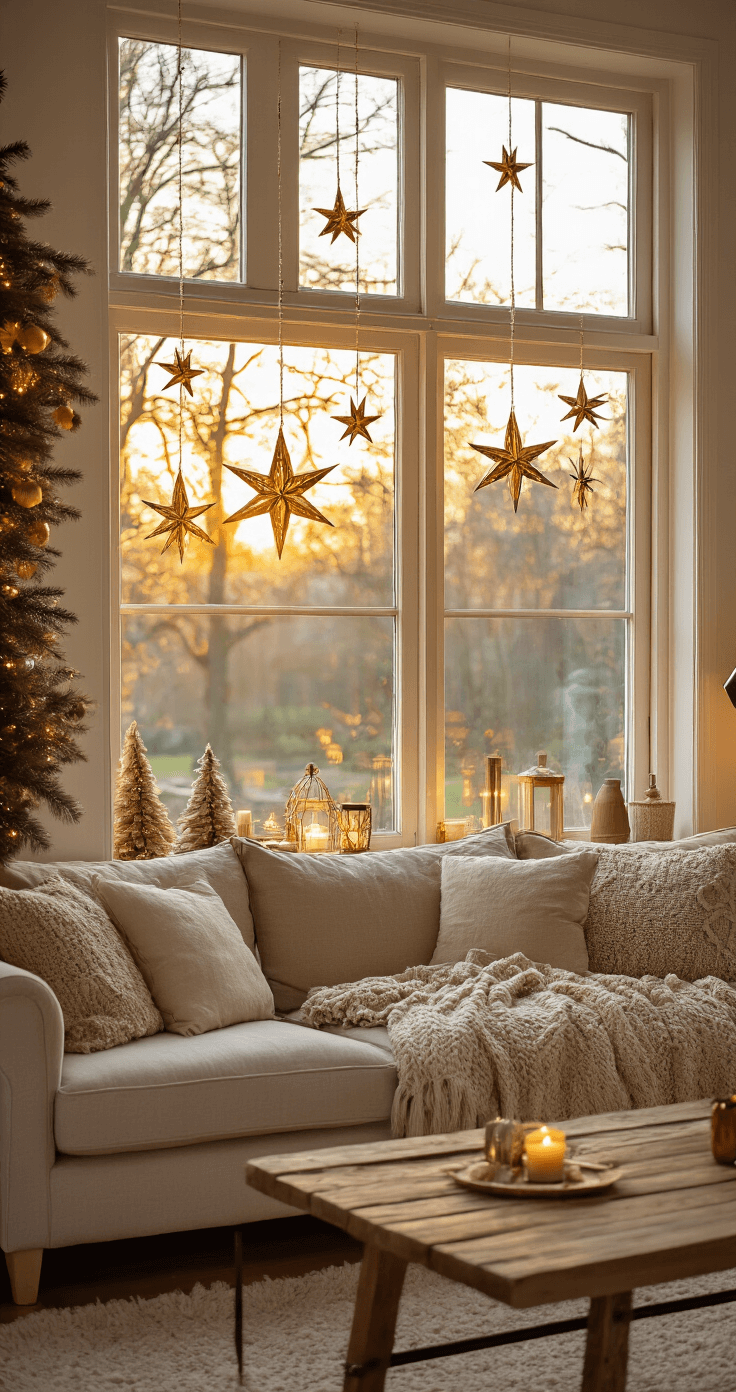 Kerstversiering voor je Raam: Toveren met Feestelijke Details Gezellige Nederlandse woonkamer met grote ramen, versierd met hangende kerststerren en gouden metalen ornamenten. De warme middagzon valt binnen op een beige bank en houten salontafel, omlijst door zachte wollen plaids. De sfeer is hygge met kaarslicht en warme gouden en crĆØme tinten.