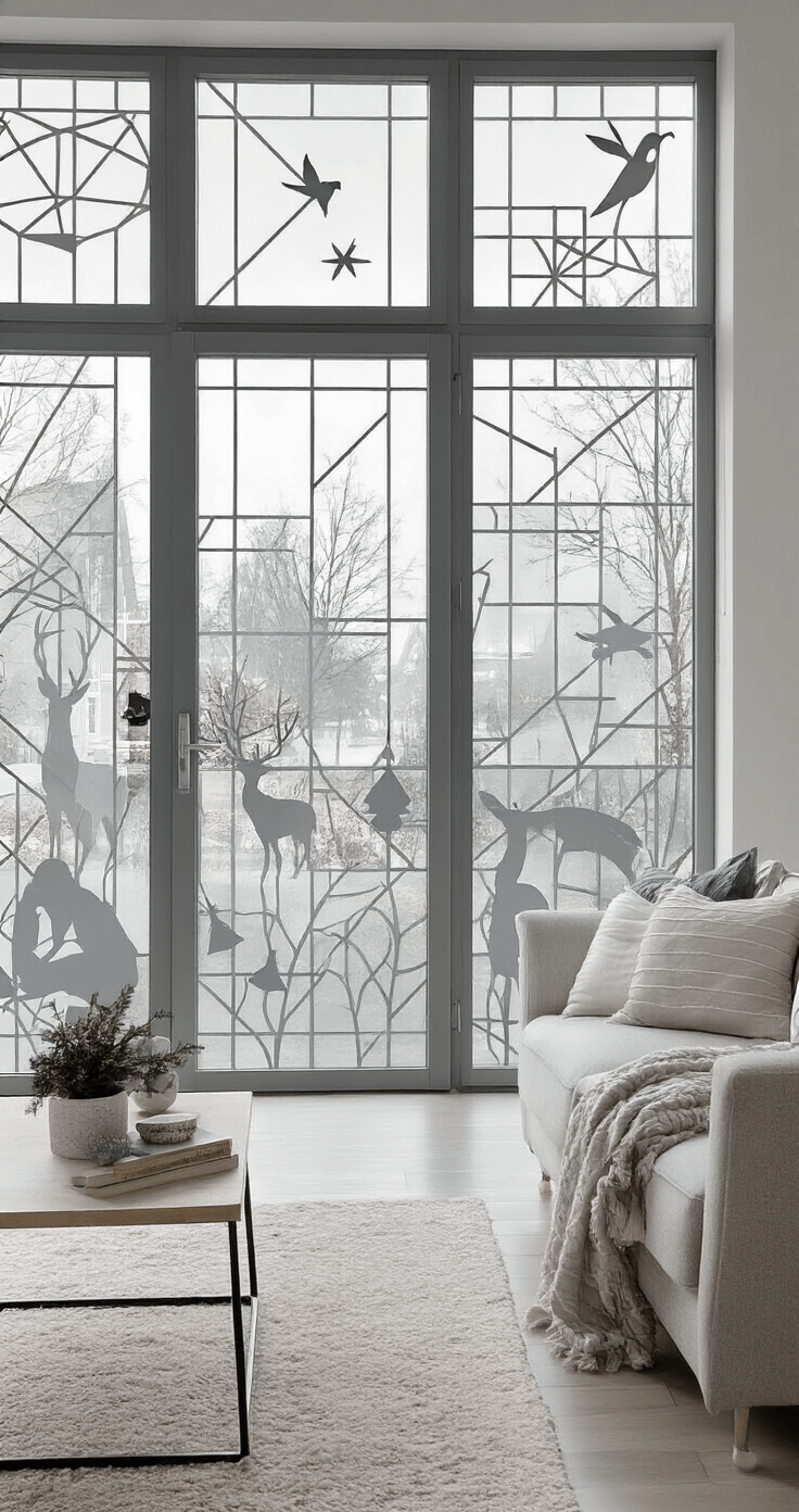 Kerstversiering voor je Raam: Toveren met Feestelijke Details Moderne Nederlandse interieur met grote glaswanden versierd met elegante raamstickers van geometrische kerstmotieven en rendier-silhouetten, onder ochtendlicht. Minimalistisch wit en grijs Scandinavisch meubilair, koele winterkleuren in ijsblauw, wit en zilver, creƫert een serene kerstsfeer.