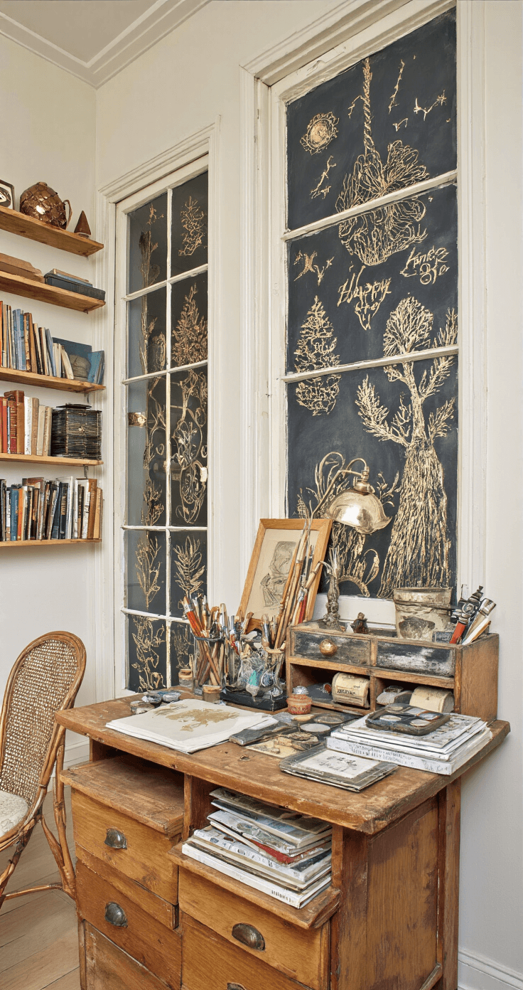 Kerstversiering voor je Raam: Toveren met Feestelijke Details Creatieve hobbykamer met beschilderde ramen, gevuld met metallic gouden en zilveren kersttekeningen, een houten bureau vol kunstenaarsbenodigdheden, een vintage stoel en boekenkasten. Warme aardetinten en metallic accenten creƫren een inspirerende werksfeer.