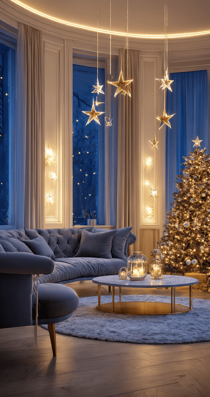 Kerstversiering voor je Raam: Toveren met Feestelijke Details Elegante woonkamer met luxe fluwelen meubels en marmeren bijzettafels, verlicht door LED-snoeren en batterij-gestuurde sterren in de raamdecoratie. Diepe blauw-gouden kleurenpalet met dramatische avondverlichting voor een magische kerstsfeer.