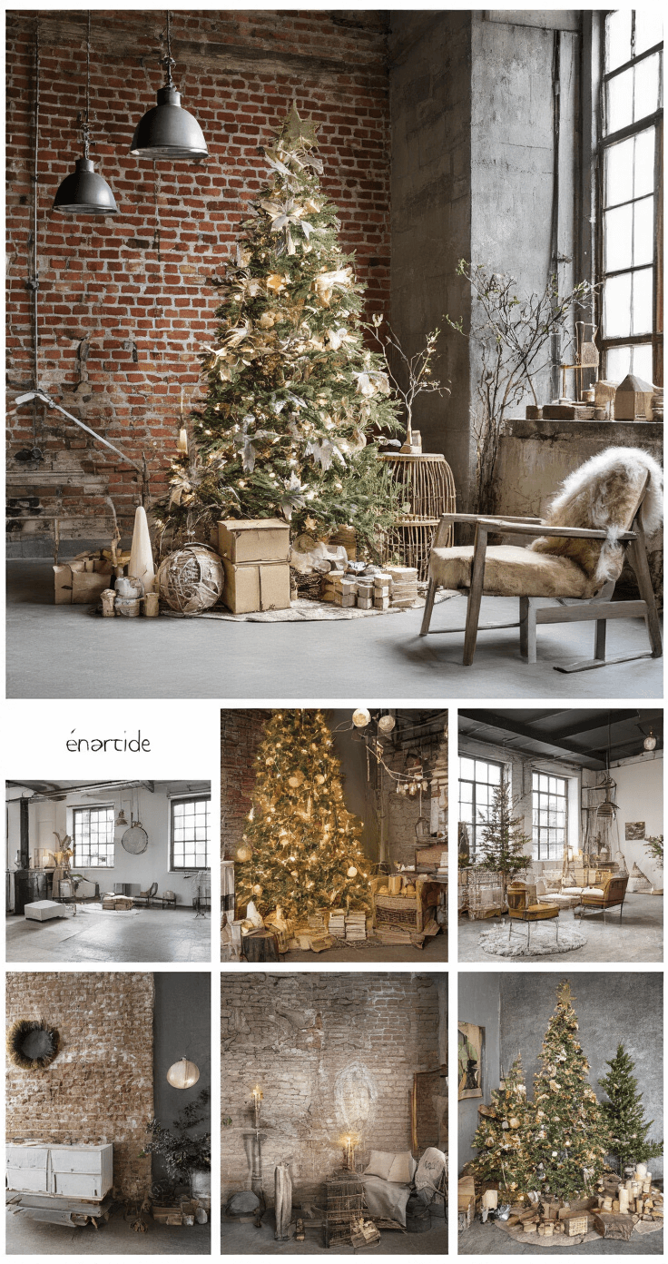 Kerstversiering voor je Raam: Toveren met Feestelijke Details Experimentele kerstdecoratie in trendy loft met industriƫle bakstenen muren, vintage meubels en moderne kunst, verlicht in het gouden uurtje met een eclectische kleurenmix en innovatieve decoratietechnieken.