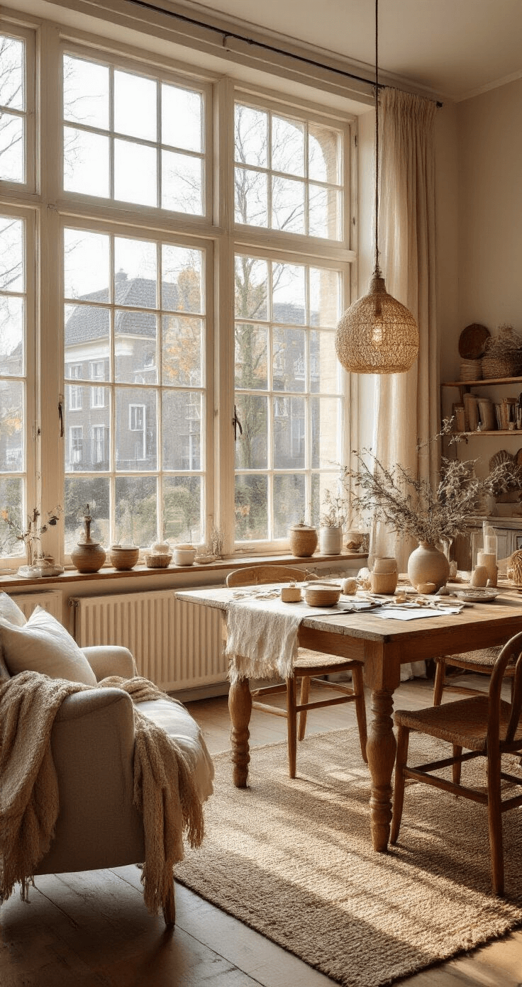 Gezellige Nederlandse woonkamer in gouden uur, met rustieke houten eettafel bedekt met knutselmaterialen voor papieren kerstballen, in zachte crème en beige tinten, en natuurlijke jute touwen met half-voltooide ornamenten.