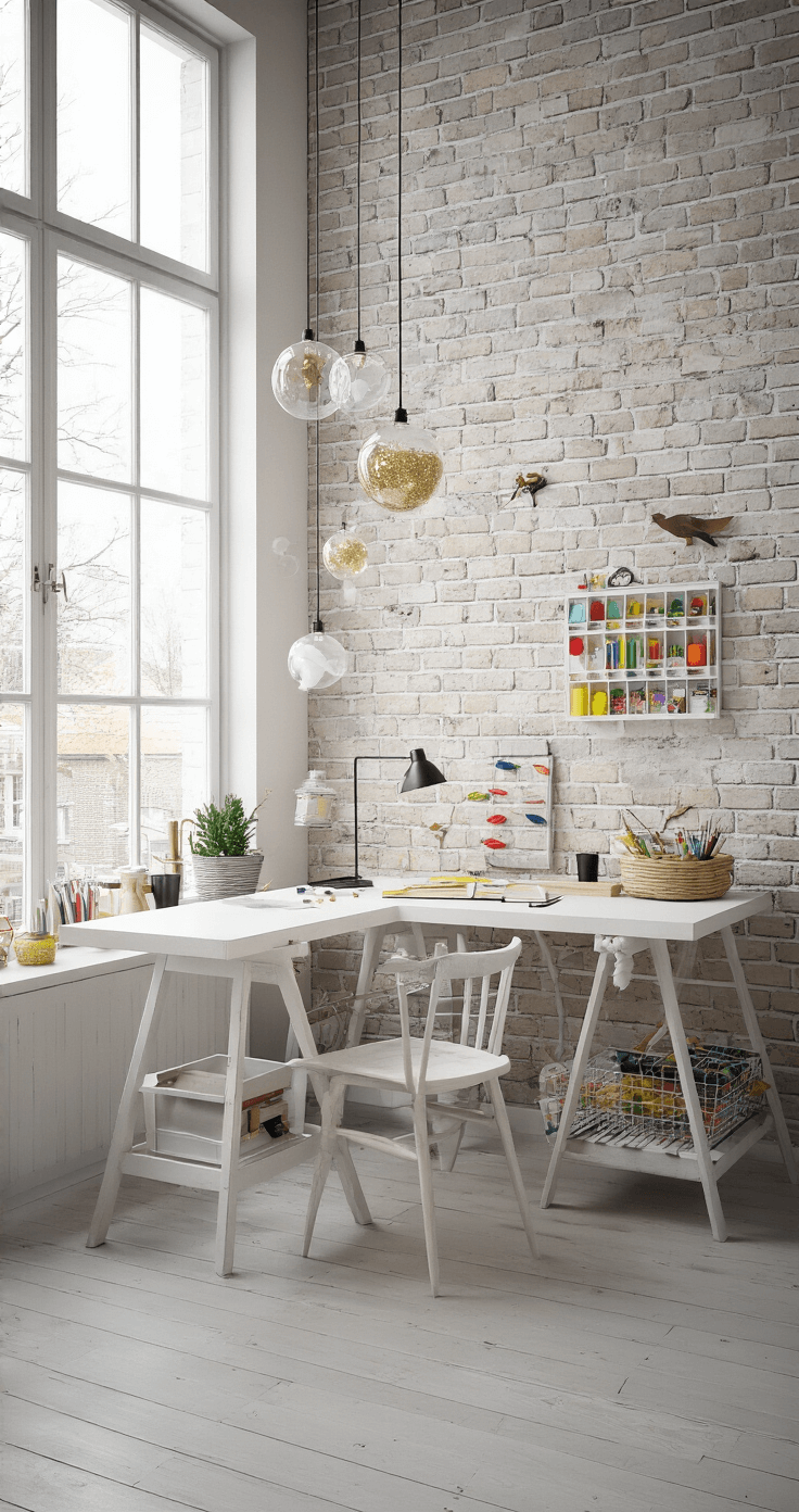 Moderne Scandinavische inrichting met ochtendzon, een witte werkbank tegen een bakstenen muur vol transparante plexi kerstballen en kleurrijke markers, en industriële accenten.
