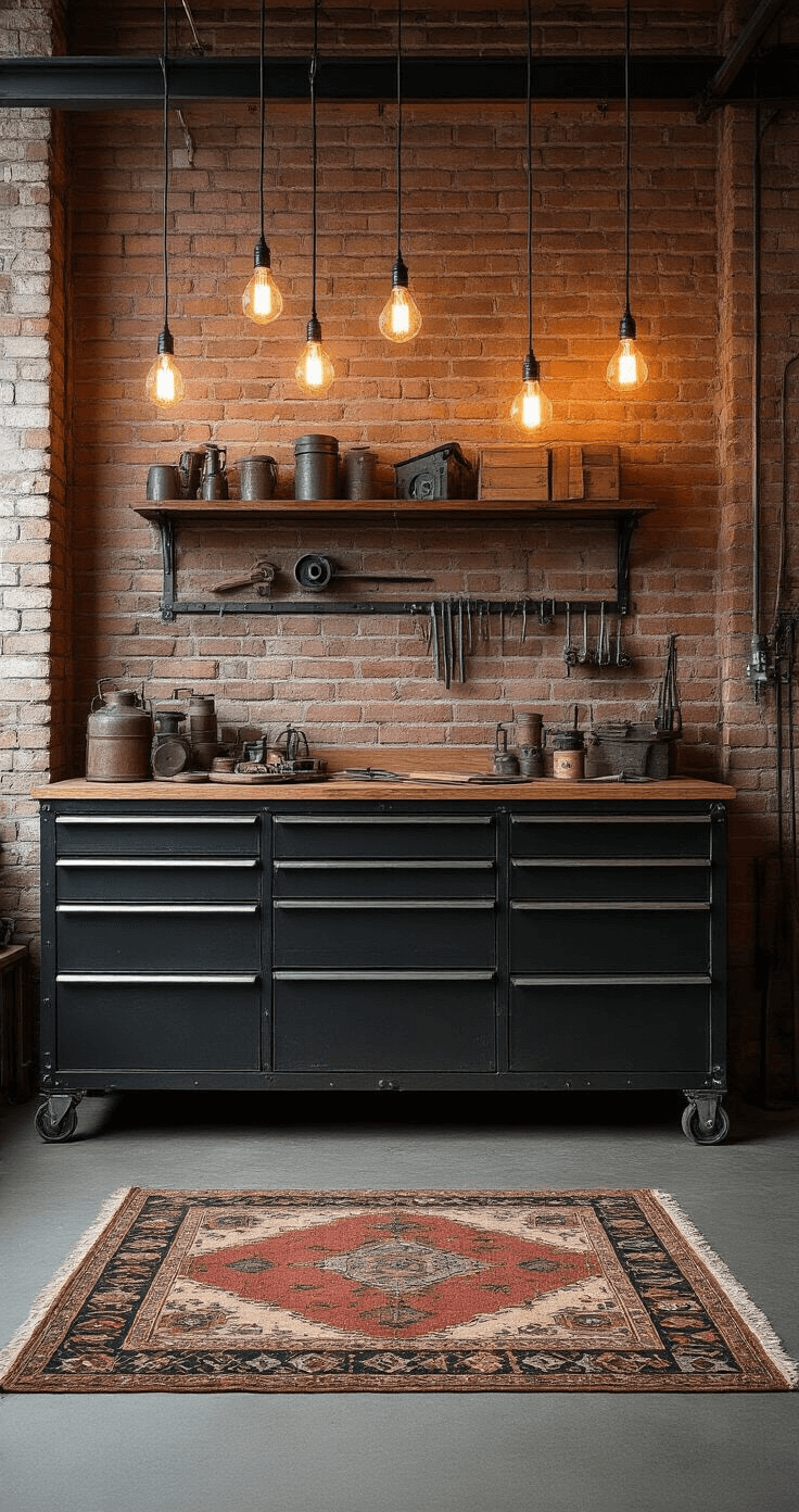 Industriële werkplaats-hoek in moderne loft met Edison lampen, zwarte werkbank vol gereedschap, ruwe bakstenen muren en betonnen vloer met vintage tapijt, met geometrische kerstballen van moeren en een dramatische lichtinval.