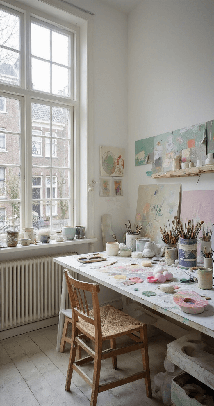 Artistieke studio-ruimte met noordelijk daglicht, een werkbank vol piepschuimballen, asfaltnagels en kleurige verfpotten in pasteltinten, met een houten kruk en artistieke chaos van penselen en paletten.