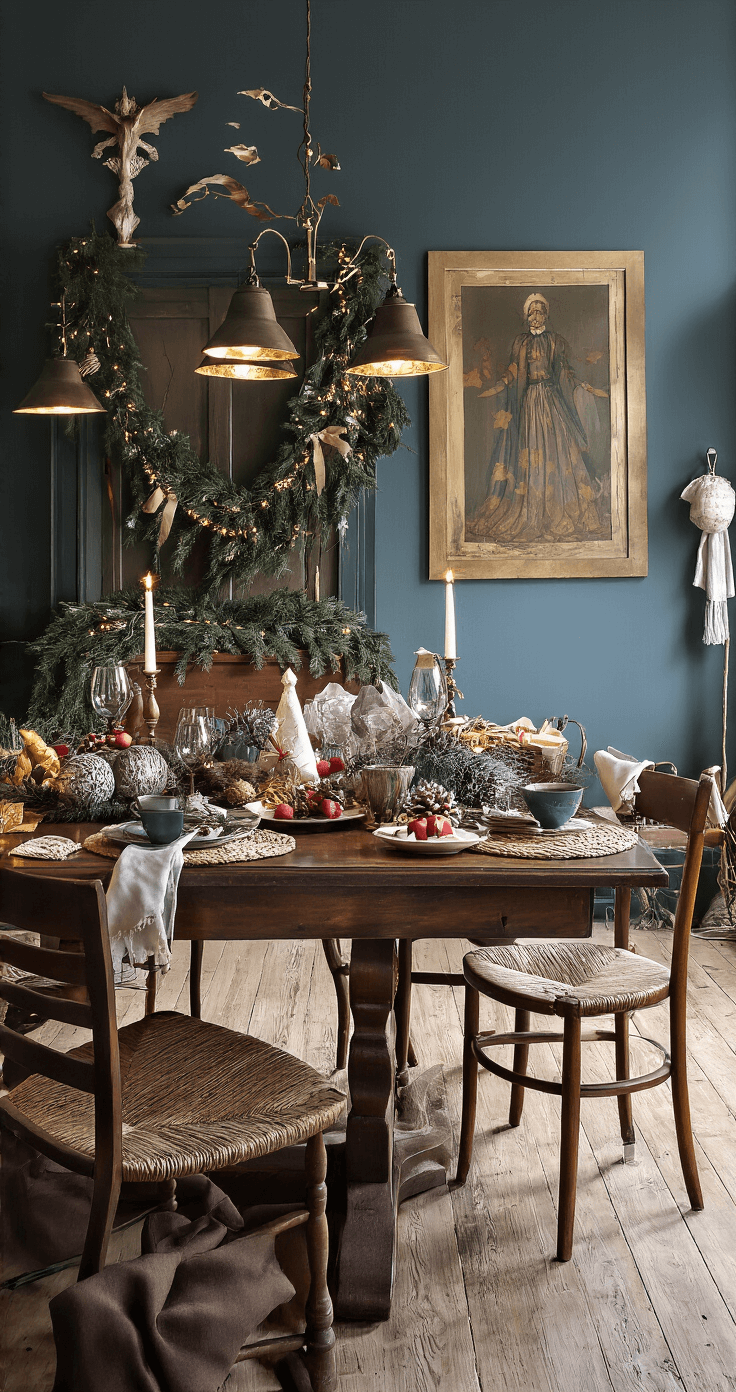 Elegante eetkamer in Nederland tijdens het blauwe uur, met warme kroonluchterverlichting. Een donkere houten tafel toont meerdere kerstbal-technieken in rijke burgundy en gouden kleuren, omringd door donkergroene dennentakken. Antieke houten stoelen, geweven placemats en kristallen glazen creëren een sfeervolle setting. Diverse texturen zijn zichtbaar, van glad hout tot ruw metaal en zachte stoffen, met gevorderde DIY-projecten in verschillende stadia.