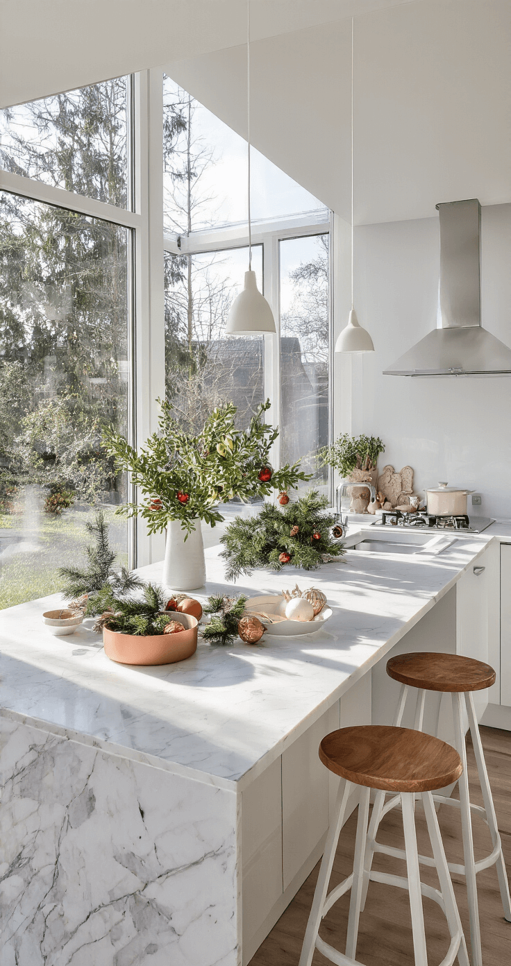 Moderne open keuken met wit marmeren werkblad, kerstbal materialen in design-bowls, strakke witte kasten en RVS apparaten, verlicht door panoramische ramen. Minimalistische esthetiek met groene planten en kleurrijke kerstornamenten, gezien vanuit een hoge hoek.