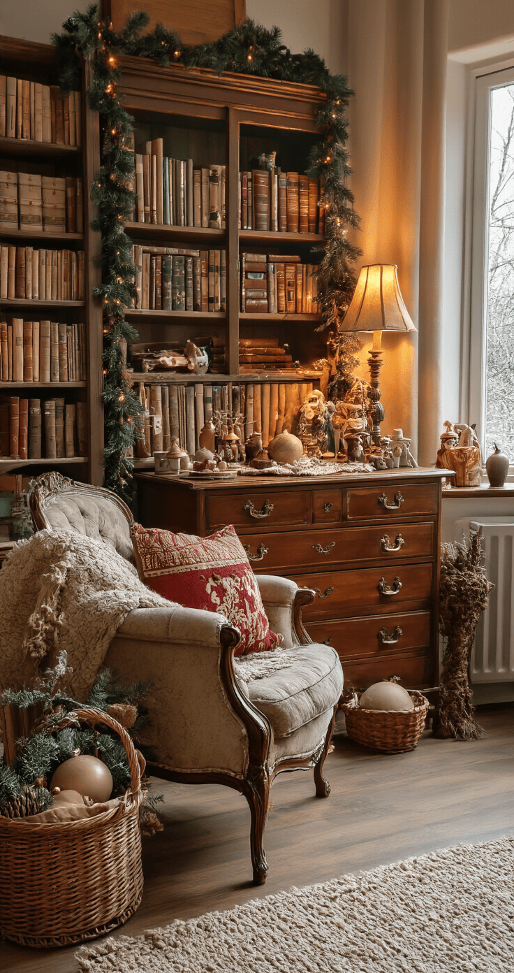 Gezellige hobbykamer tijdens een winteravond, met een vintage secretaire bureau vol voltooide kerstballen, warme kleuren van dieprood, goud en forest green, antieke fauteuil, boekenkasten met hobbyboeken, persoonlijke foto's en vintage kerstdecoraties, verlicht door zachte tafellampen en de gloed van een haard.